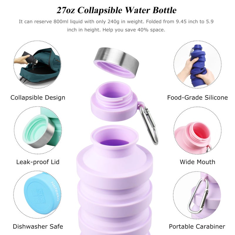 Nefeeko Collapsible Water Bottle, 27oz Reuseable BPA Free Silicone Foldable Water Bottles for Travel Gym Camping Hiking, Portable Leak Proof Sports Water Bottle with Carabiner - Image 4